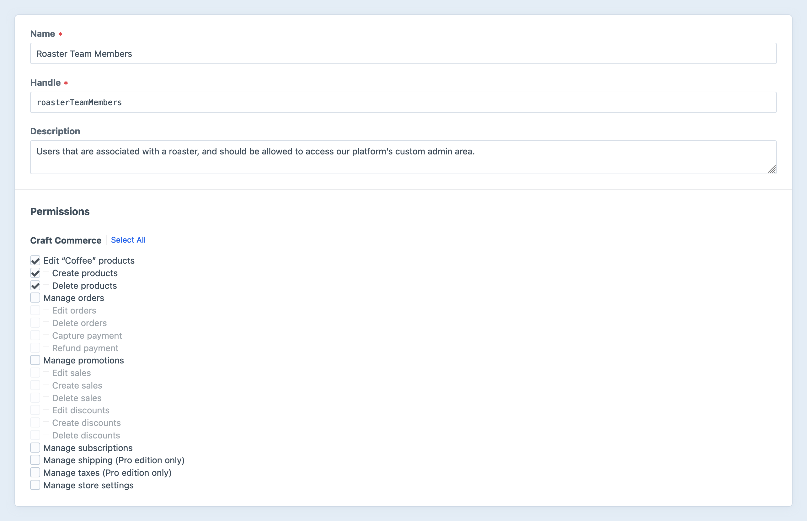 The Craft control panel showing the settings for a new user group.