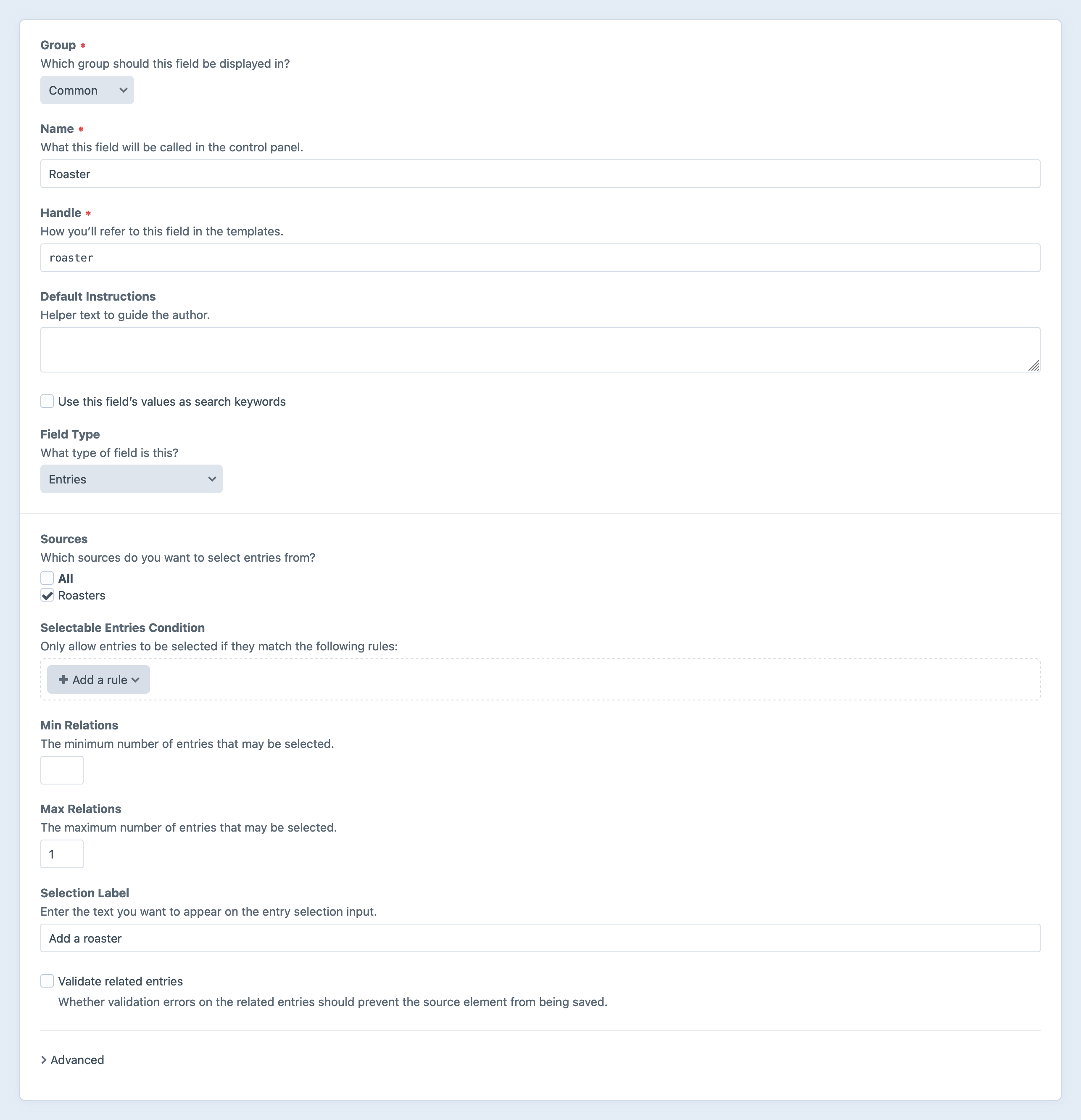 The “Create a new field” form, showing a new entries field labelled “Roasters” that can select “Roasters” as a source of the entries.