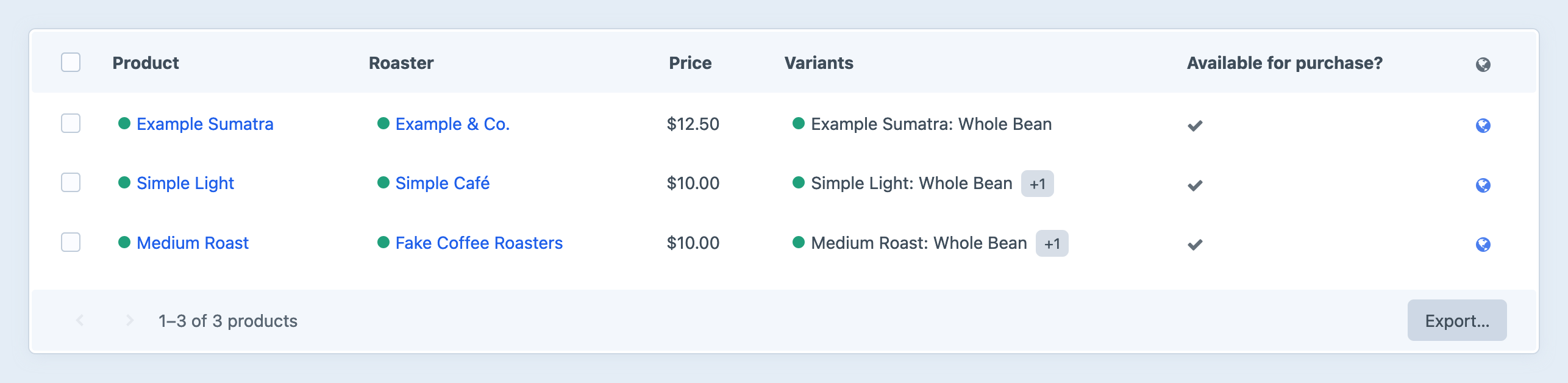 A list of three example coffee products, in the Craft control panel.